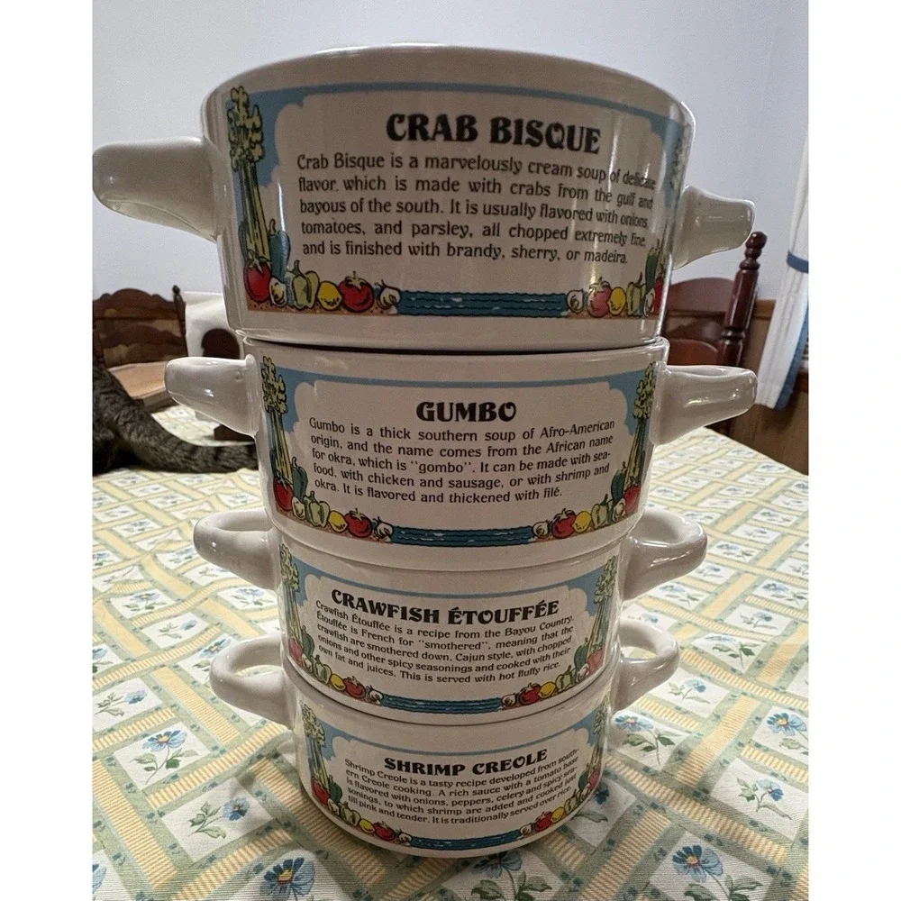 Shrimp Creole, Crab Bisque, Crawfish Étouffée, Gumbo 4 Two Handle Bowls 1990